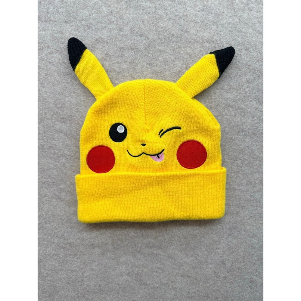 Pokemon Pikachu Yellow Knit Beanie Hat with Ears Winking Face One Size OSFM